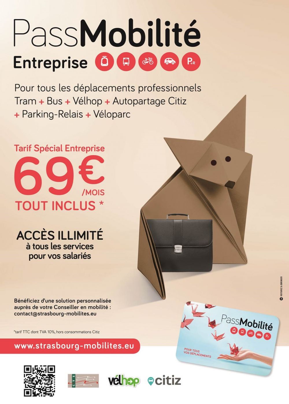 L'affiche du Pass Mobilités Entreprises, lancé en mai 2015, pour les déplacements professionnels dans l'Eurométropole de Strasbourg. Doc remis